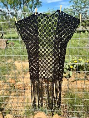 iris Black Crochet Openwork Cardigan with Circular Geometric Motif